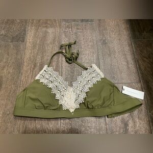 Anthropologie Allihop Olive Green Lace-Trim Halter Bikini Top